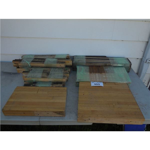 Crate of bowling alley floor pieces and other assorted hardwood