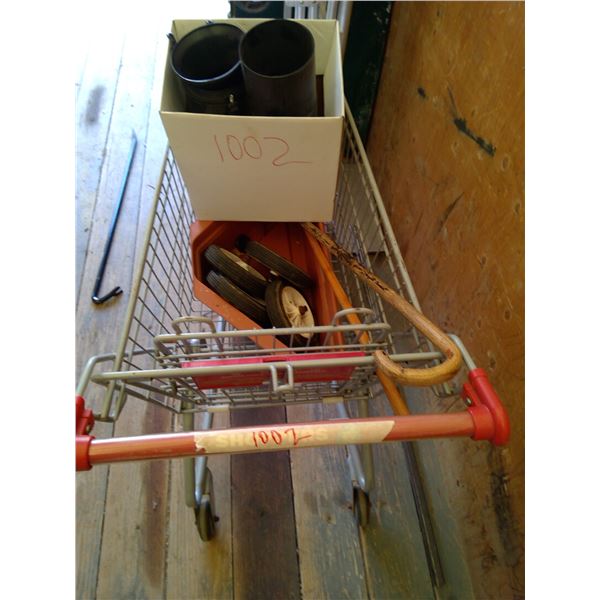shopping cart, wheels, 2 canes, leaf blower accessories