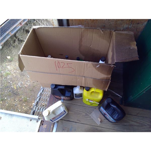 Box of asst fluids and lubricants with funnels