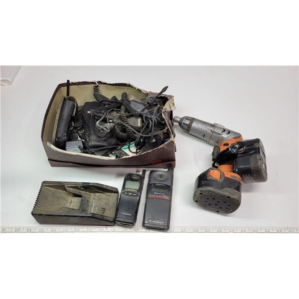 Rigid Drill and Box of Cords/Chargers/Phones