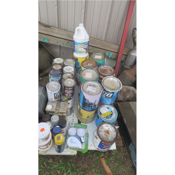 large lot of partial cans of paint and stain
