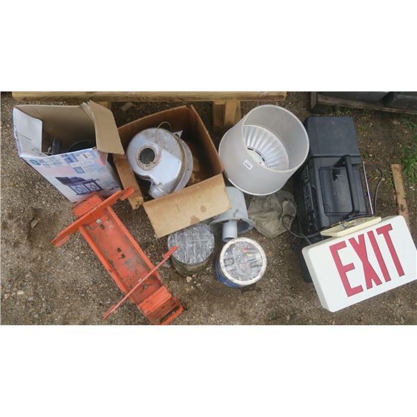 misc. lot - light fixtures, exit sign, fan pieces, screws, etc.