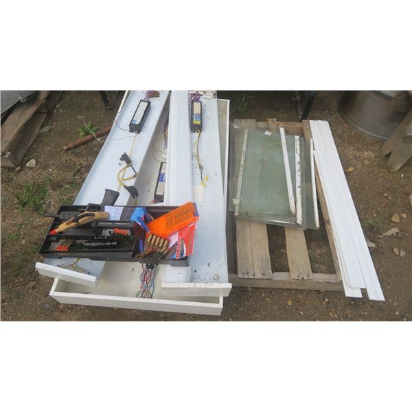pallet of glass, light fixture frames, etc.