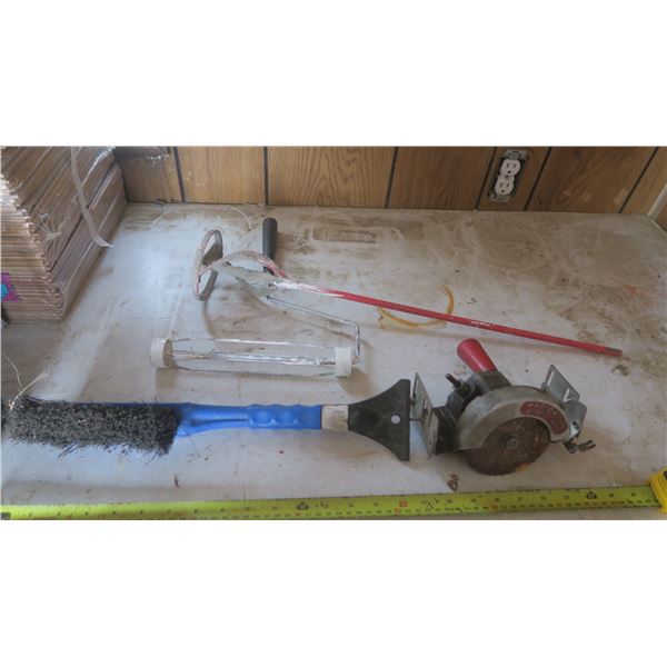 drill saw, snow bursh, paint roller and paint mixer