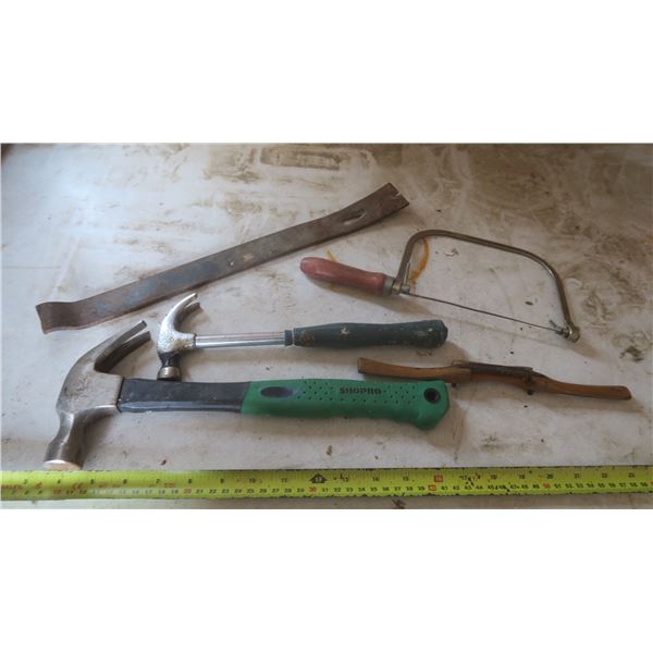 2 hammers, spokeshave, saw and prybar