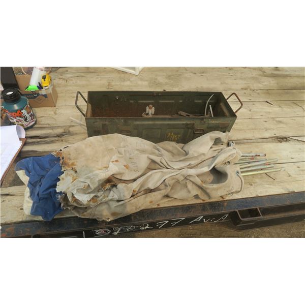 large ammo box with assorted hardware, bag of poles, etc.