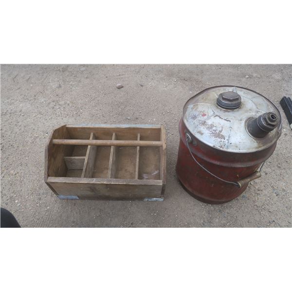 gas can and wooden tool box