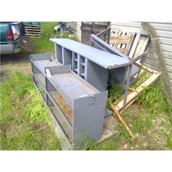 3 sections of metal shelving  16" deep  ( 74.5X28", 37" X 6', 31 X 28")