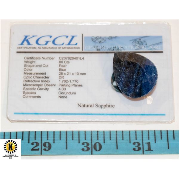 60CT GENUINE NATURAL BLUE SAPPHIRE GEMSTONE, COA