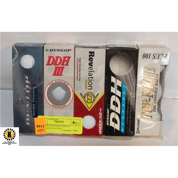 NEW DUNLOP GOLF BALLS, VARIOUS, 15 TOTAL