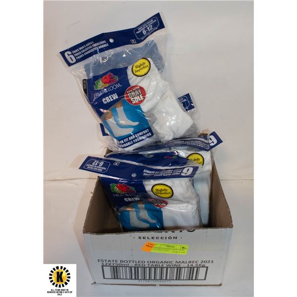 4 PACKS OF WHITE CREW SOCKS 6-12 SIZE 6-PACK