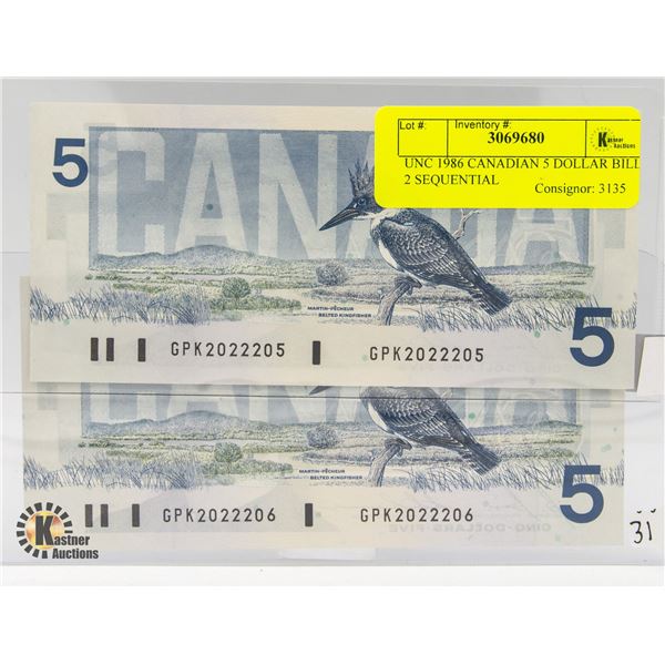 1986 CANADIAN 5 DOLLAR BILL 2 SEQUENTIAL 1986-canadian-5-dollar-bill-2-sequential