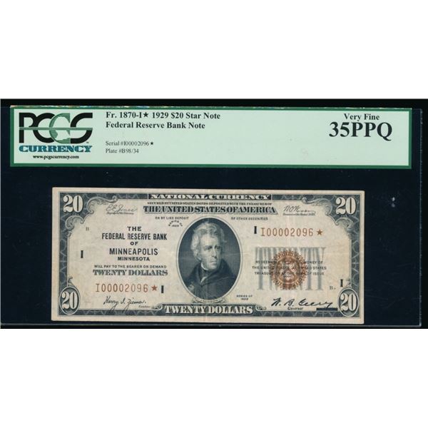 1929 $20 STAR Minneapolis National PCGS 35PPQ