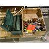 Image 1 : WOODEN BOX WITH TOOL CONTENTS, WOOD CHISELS, SNIPS, AND MORE, AND BLUE TOOL BOX