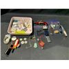 Image 1 : BIN OF ASSORTED ITEMS INCLUDING; JEWELRY, LIGHTERS, KNIVES & MORE