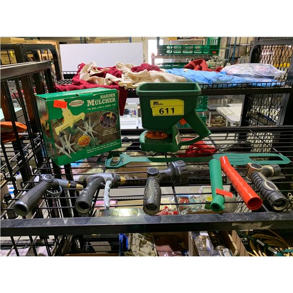 LOT OF ASSORTED GARDENING ITEMS INCLUDING; HOSE NOZZLES, MULCHER AND MORE