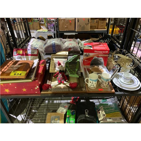 SHELF LOT OF ASSORTED ITEMS INCLUDING; CUPS, PLATES, PICTURES, BOOKS AND MORE