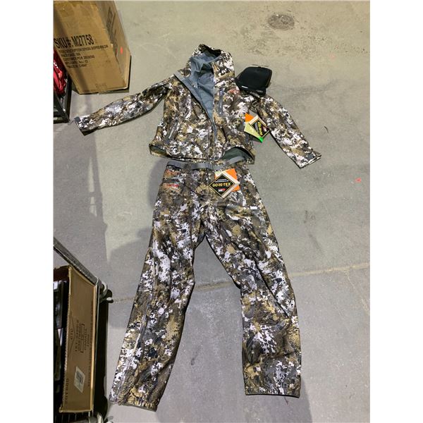 SHELF LOT OF SITKA HAT, AND CAMOUFLAGE JACKET AND PANTS