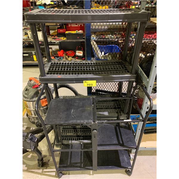 PLASTIC 4 TIER SHELF AND 3 TIER METAL ROLLING CART MISSING 2 PANELS