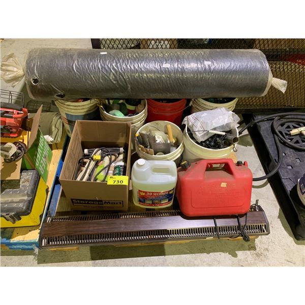 PALLET OF ASSORTED ITEMS INCLUDING; GAS CAN, CLEANER, PAINTING SUPPLIES AND MORE