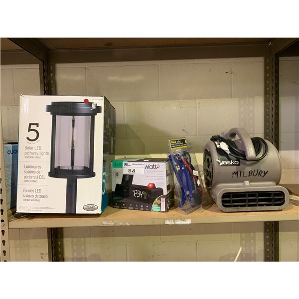 ASSORTED ITEMS INCLUDING; 5 SOLAR LED PATHWAY LIGHTS, TIME & WEATHER STATION, LASKO FLOOR FAN &