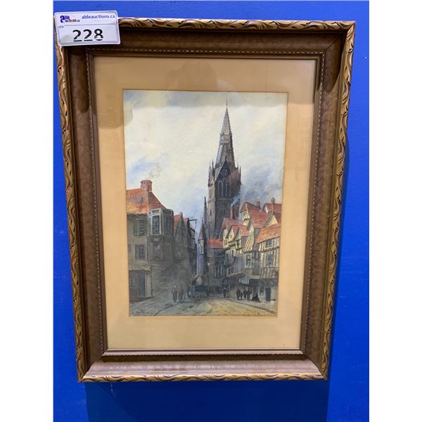 FRAMED ARTIST SIGNED ARTWORK OF EARLY CENTURY VILLAGE APPROX 20"X27"