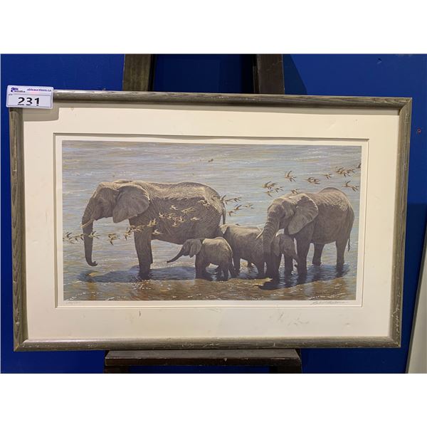 FRAMED LEP (645/950 BY ROBERT BATEMAN TITLED  ELEPHANT HERD & SANDGROUSE  APPROX 37 X24 