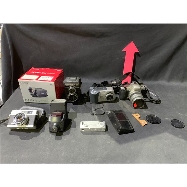 ASSORTED CAMERAS INCLUDING; PENTAX MZ-30, EPSON PHOTO PC, CANON LEGRIA FS36 & MORE