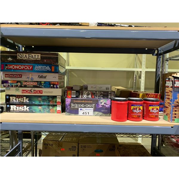 SHELF OF ASSORTED BOARD GAMES; MONOPOLY, RISK, CATAN, JENGA AND MORE