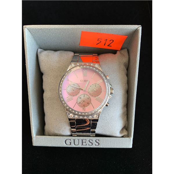 SILVER AND PINK LADIES GUESS WATCH WITH HALF BOX