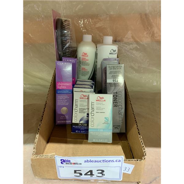 BOX OF HAIR CARE SUPPLIES; WELLA CREAM DEVELOPER, WELLA TONERS, WELLA COLOR PERMANENT HAIR COLOURS