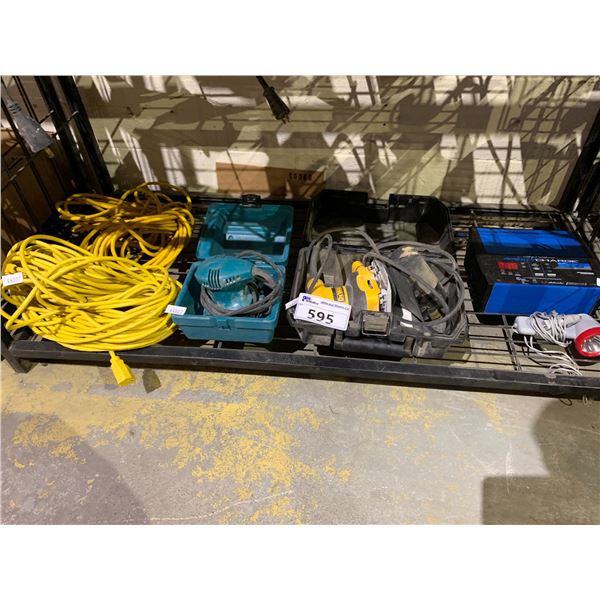 ASSORTED TOOLS; MAKITA SANDER, DEWALT SANDER, EXTENSION CORDS AND MORE