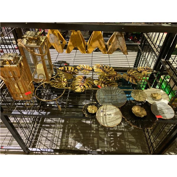 ASSORTED HOME DECOR ITEMS; LANTERNS, WALL ART PIECES, AND METAL STAND