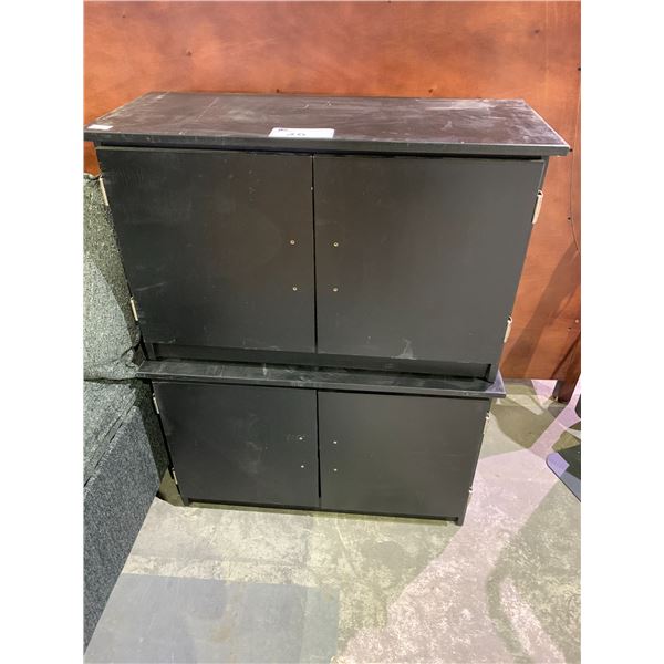 2 WOOD 2 DOOR CABINETS 31 X13 X20  (1 HAS NO HANDLES)