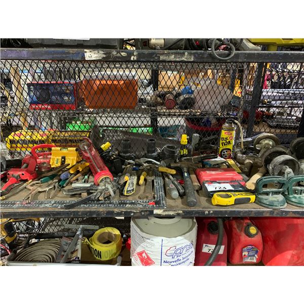 LARGE ASSORTMENT OF TOOLS; WRENCHES, CASTER WHEELS, MEASURING TAPES AND MORE