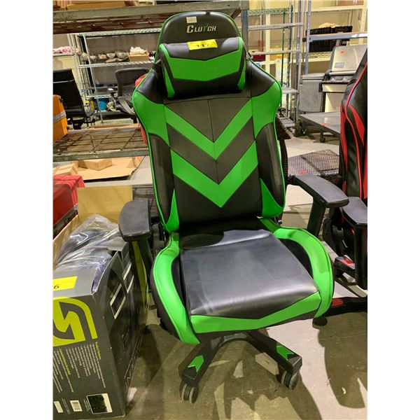 CLUTCH GREEN AND BLACK GAMING CHAIR (SOME COSMETIC DAMAGE)