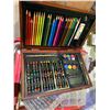 Image 2 : BIN OF ASSORTED ART SUPPLIES INCLUDING; DRAWING SET, COLOURED MARKERS, BEADS & MORE