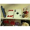 Image 2 : LARGE ASSORTMENT OF ALICE IN WONDERLAND PROPS (3 SHELVES); GIANT CARDS, CLOCKS, CHESHIRE CAT AND