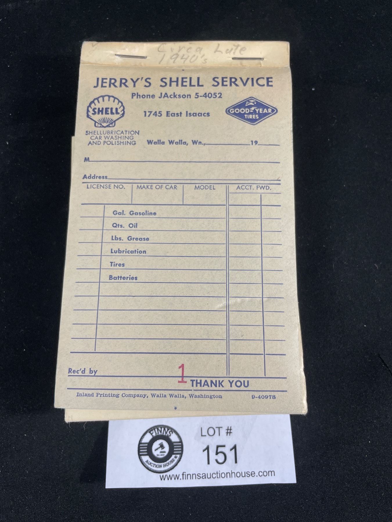 Shell Receipt Book 1940's Jerry's Service