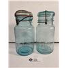 Image 1 : 2 1920's Beautiful Green Glass Perfect Seal Quart Canning Jars. Made In Canada. Very Nice