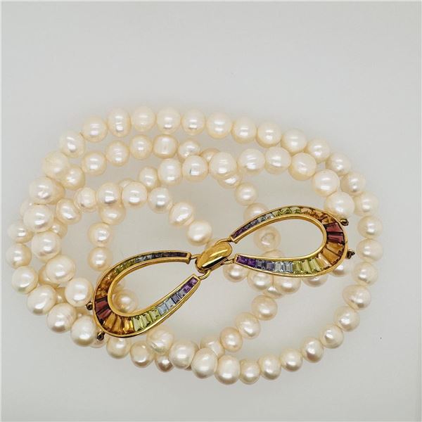 Double Strand Pearl Necklace With 14K Yellow Gold & Graduated Tourmaline Clasp
