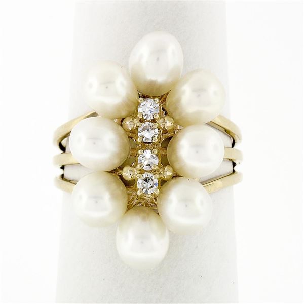 14k Yellow Gold 0.12 ctw Round Single Cut Diamond & Oval Pearl Halo Cluster Ring