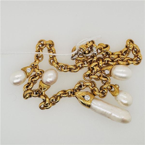 Italian 18K Gold Pearl & Diamond Designer Necklace