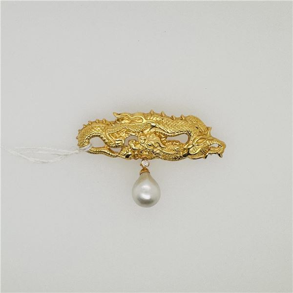 18K Yellow Gold Pearl & Diamond Brooch Cast from Japanese Menuki by R.L. Kay
