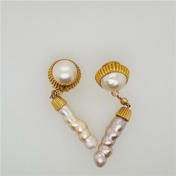 Pair 18K Yellow Gold Mabe & Baroque Pearl Earrings
