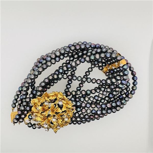 Elaborate 18K Yellow Gold Pearl & Diamond Choker Necklace