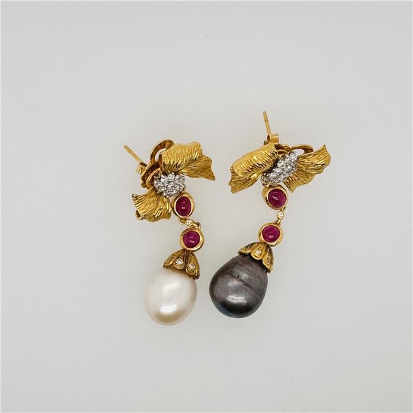 Pair 18K Yellow Gold, Ruby, Diamond & Pearl Earrings by Carlo Rici