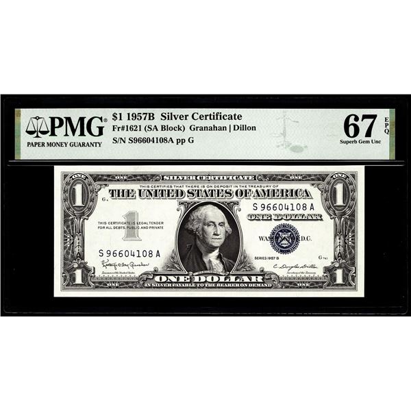 1957B $1 Silver Certificate Note Fr.1621 PMG Superb Gem Uncirculated 67EPQ