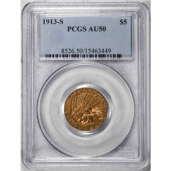 1913-S $5 Indian Head Half Eagle Coin PCGS AU50