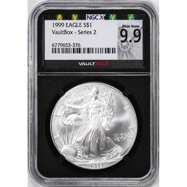 1999 $1 American Silver Eagle Coin NGCX Mint State 9.9 VaultBox Series 2